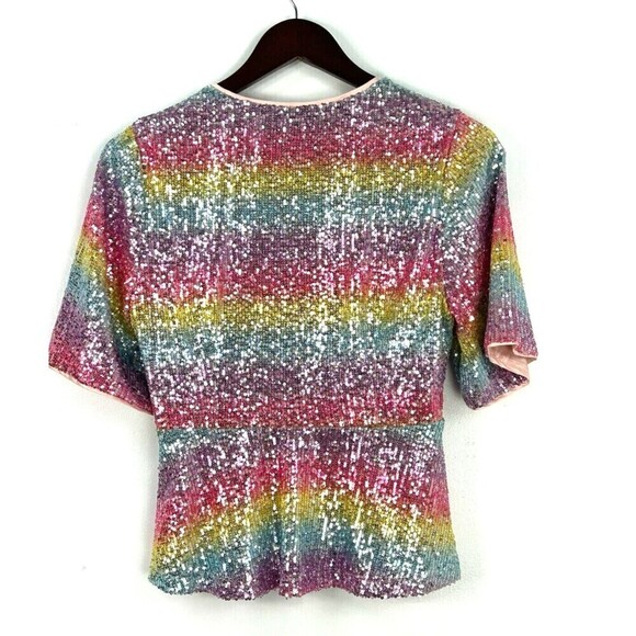 Modcloth Womens Size M Wrap Rainbow Peplum Top Blouse Sequin Surplice Party E1 - Picture 4 of 12